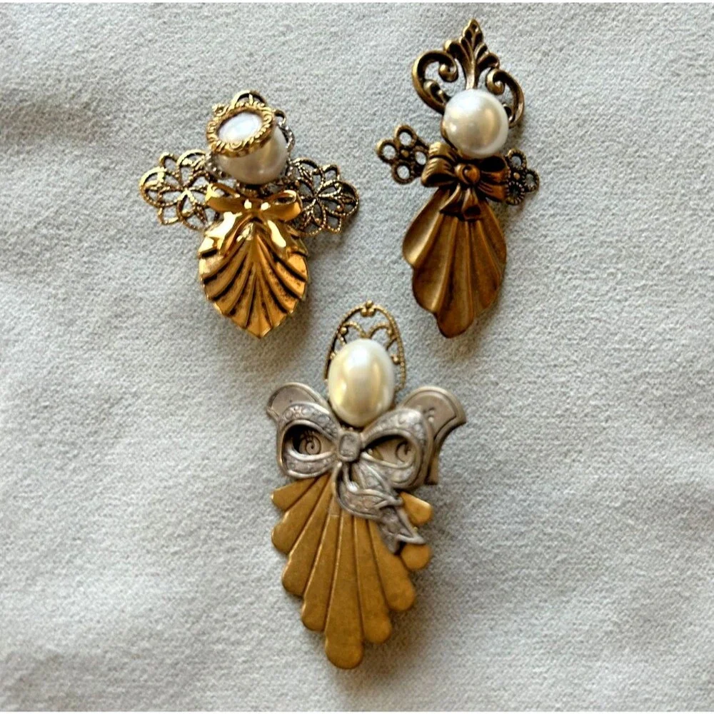 Vintage Gold and Silver Tone Angel Pins Faux Pearl - Lot of 3
